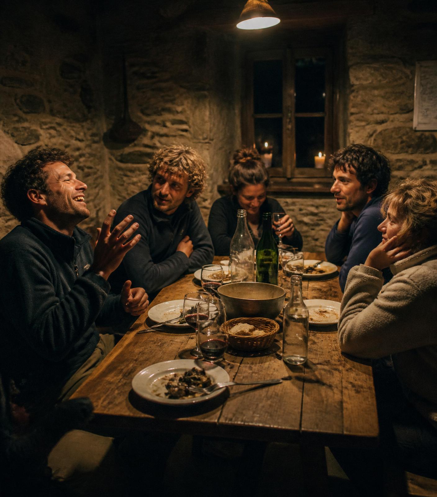 Grupo cenando en la casa rural, luz cálida y ambiente auténtico