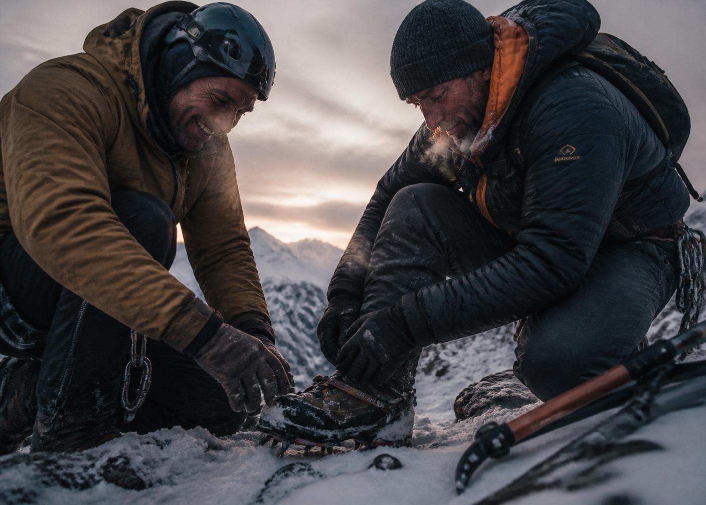 Dos alpinistas ajustándose los crampones al amanecer, ambiente frío y humano