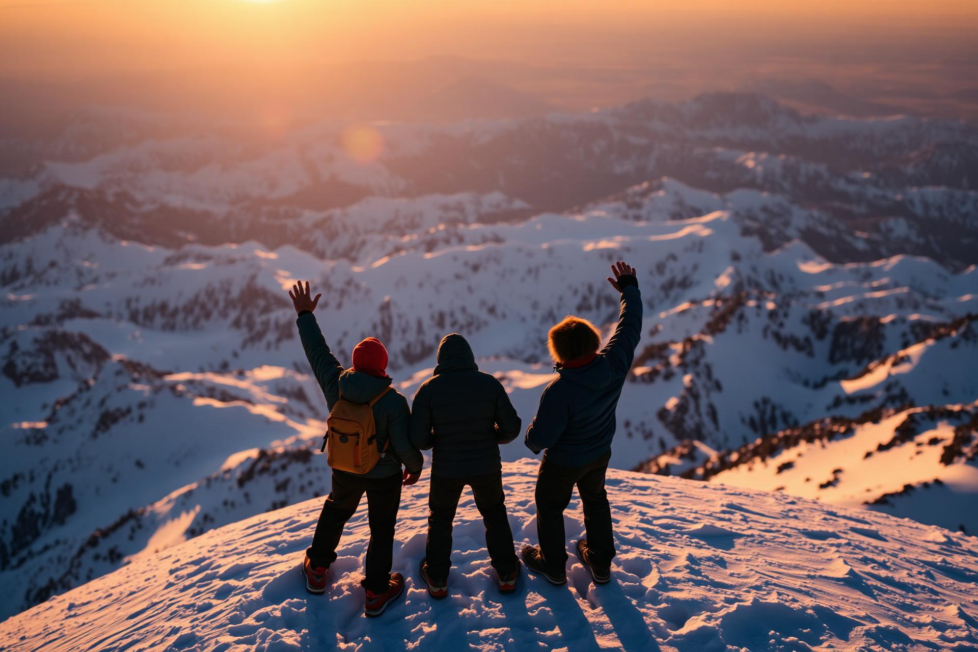 Grupo celebrando en la cima al amanecer