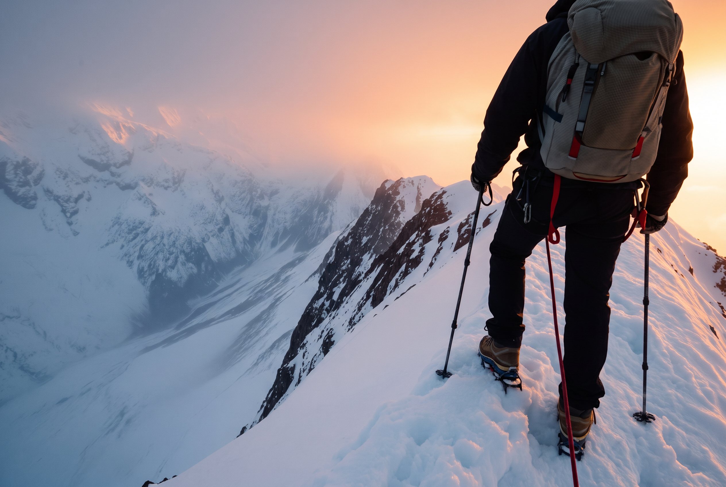 Alpinista con crampones progresando por una cresta nevada del Pirineo al amanecer