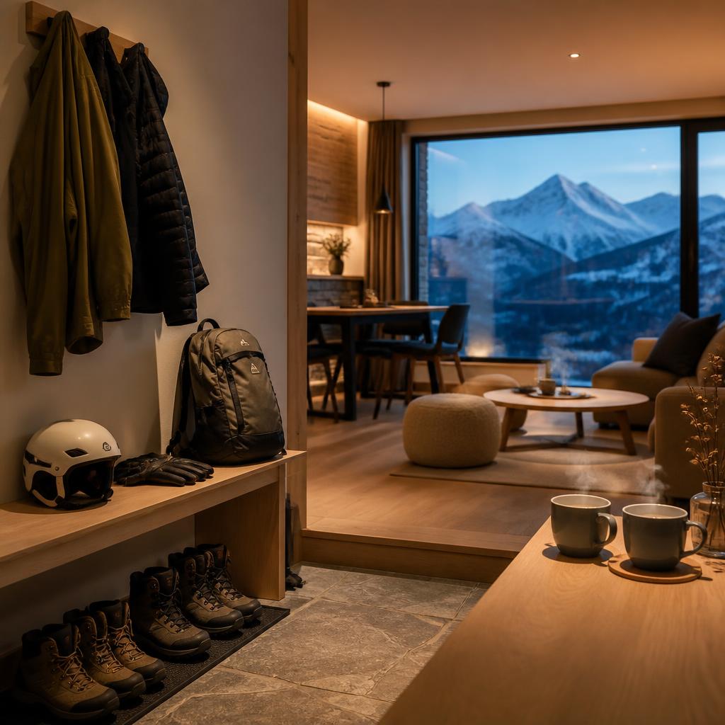 Interior cálido de un refugio de montaña al anochecer, con botas y mochilas